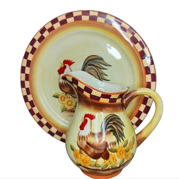 Cottagecore Shabby Chic Decorative Rooster Server Platter and Pitcher - Picture 1 of 12